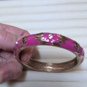 Gold-Tone Bangle Bracelet with Bright Pink Enamel and Crystal Accents
